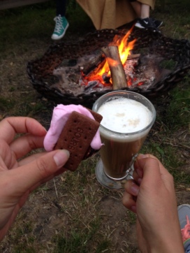 An American favorite with a European twist: Haribo marshmallows sandwiched between a biscuit with chocolate filling. Not exactly a s'more, but close Also pictured: Coffee with a Welsh cream liquer - delicious and warm for a cozy evening by the campfire