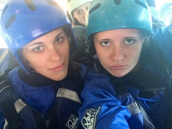 Feeling sassy in our blue helmets, wetsuits, and windbreakers (my kayak also was blue)